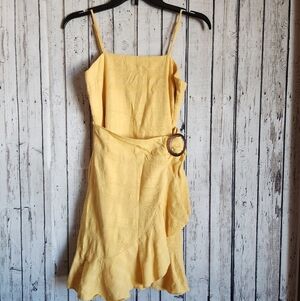 American Eagle Yellow Faux Wrap Mini Dress Smocked Back O-Ring Belt Detail Small